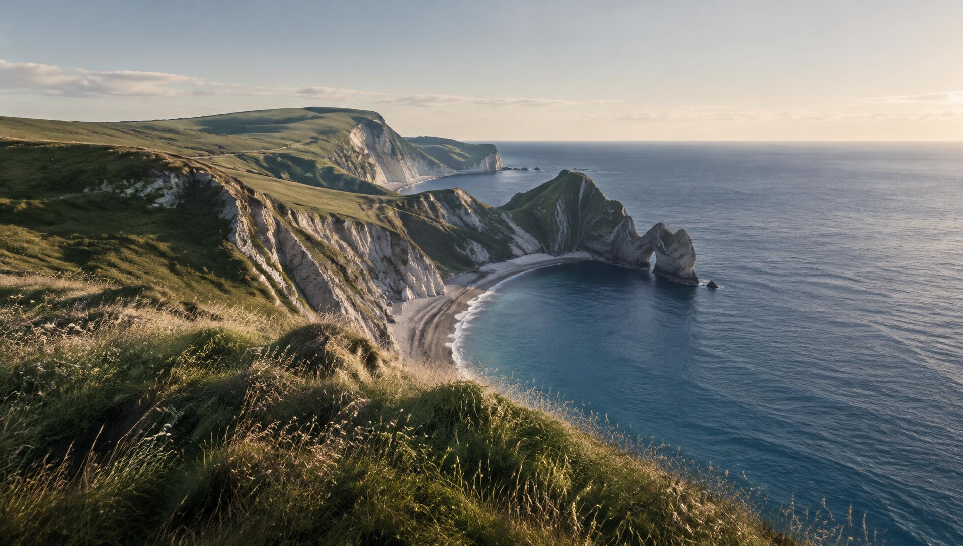 Sunlight across the chalk cliffs and sea on the British coast